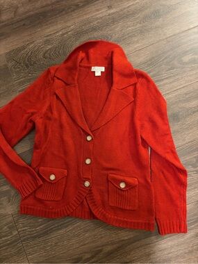 Vtg Christopher & Banks Red Knit Button-Front Cardigan Blazer Sweater Sm